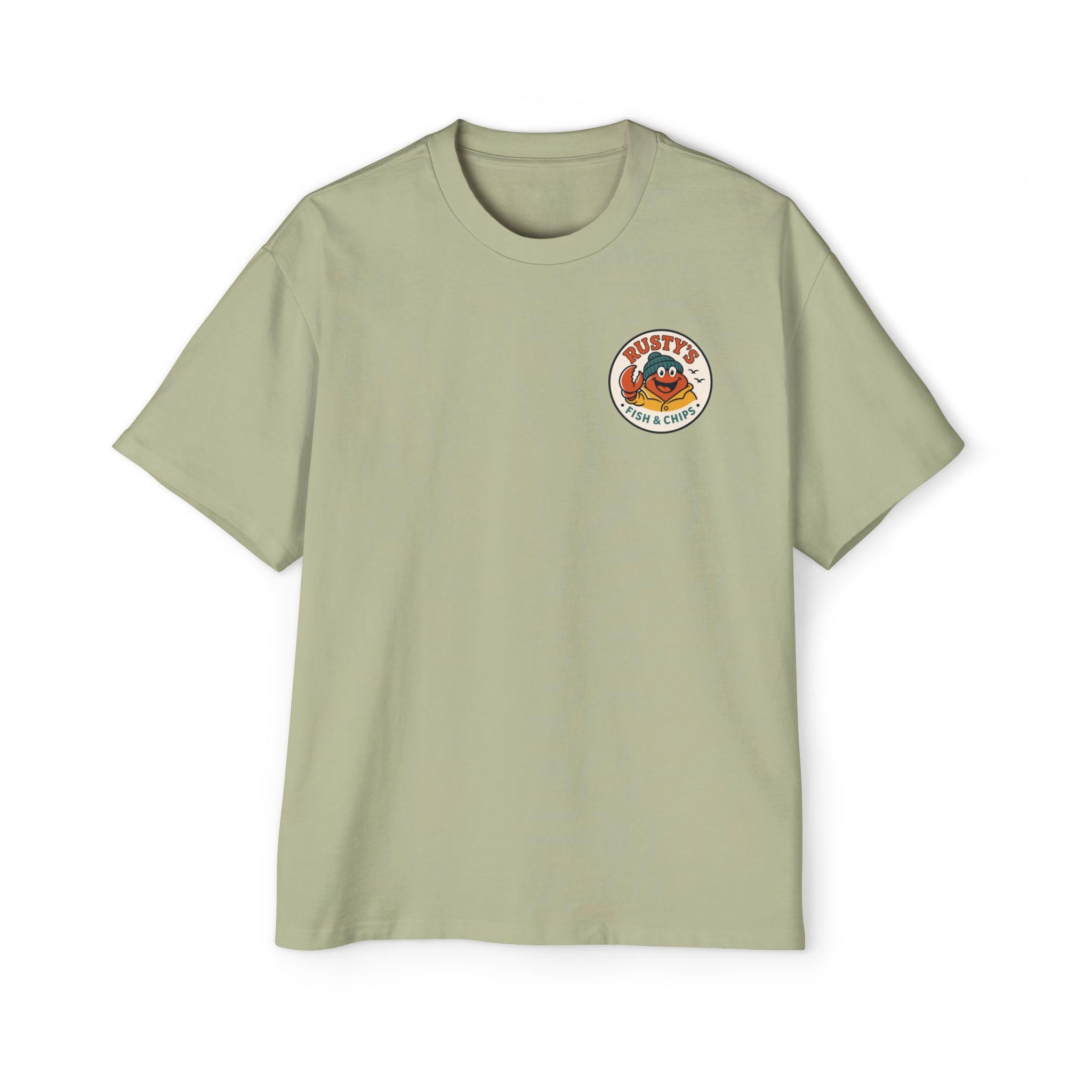 Rusty’s Fish & Chips Crab Mascot Tee — Retro Coastal Fish Shack Graphic