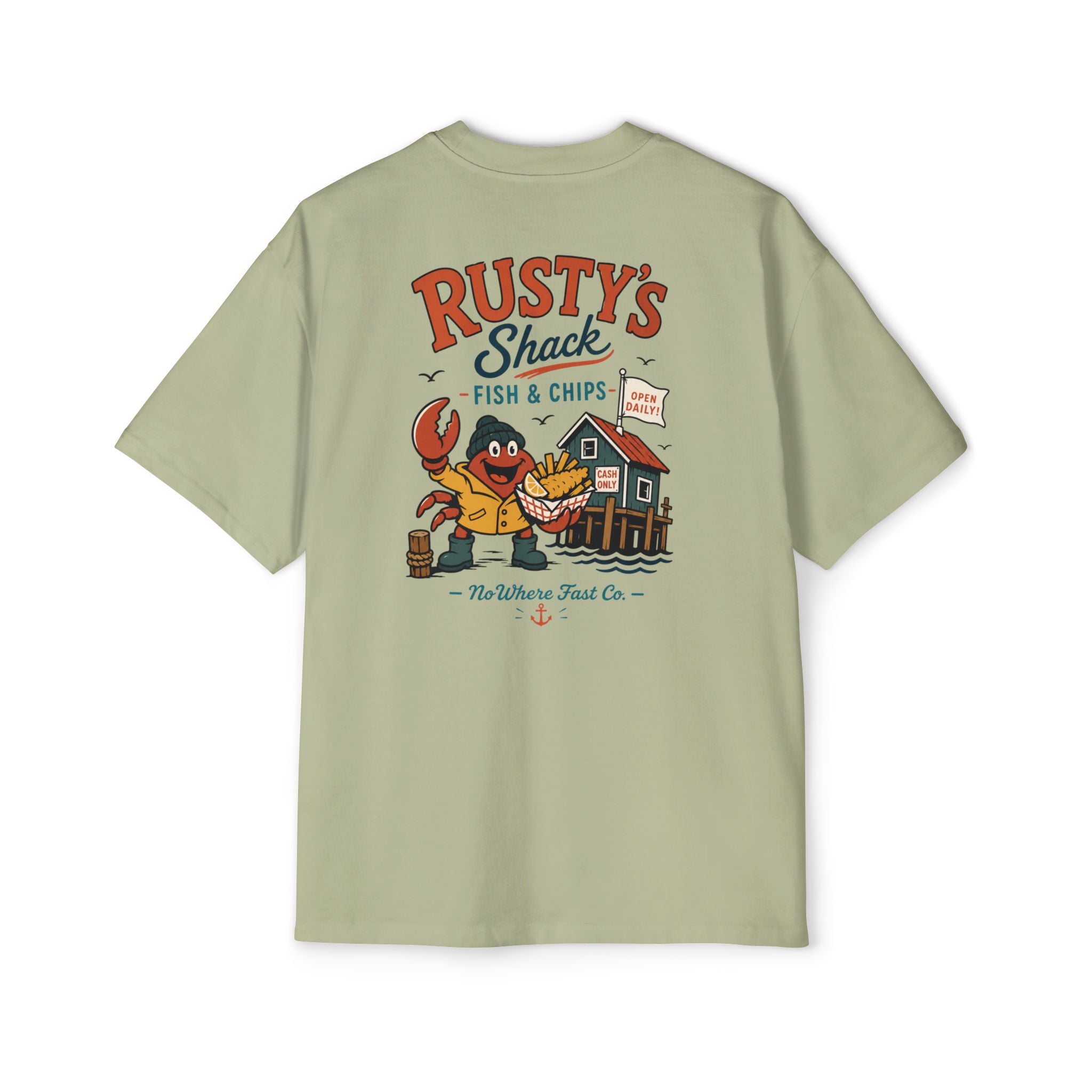 Rusty’s Fish & Chips Crab Mascot Tee — Retro Coastal Fish Shack Graphic
