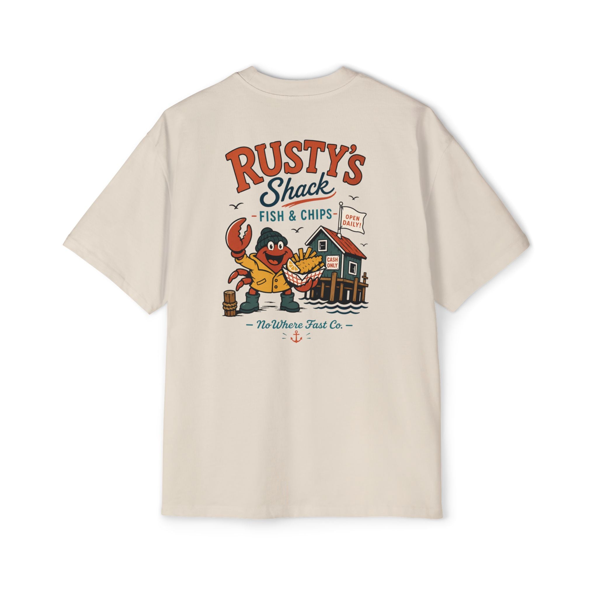 Rusty’s Fish & Chips Crab Mascot Tee — Retro Coastal Fish Shack Graphic