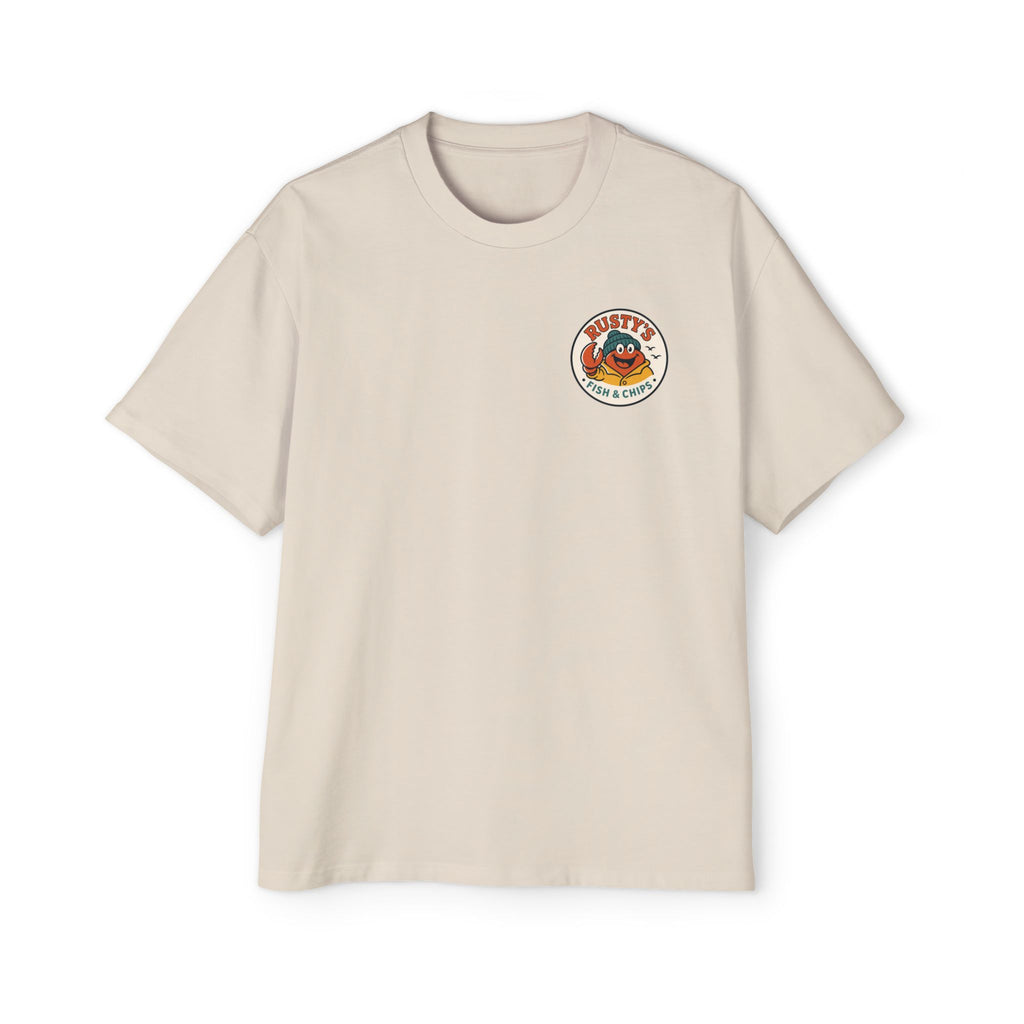 Rusty’s Fish & Chips Crab Mascot Tee — Retro Coastal Fish Shack Graphic
