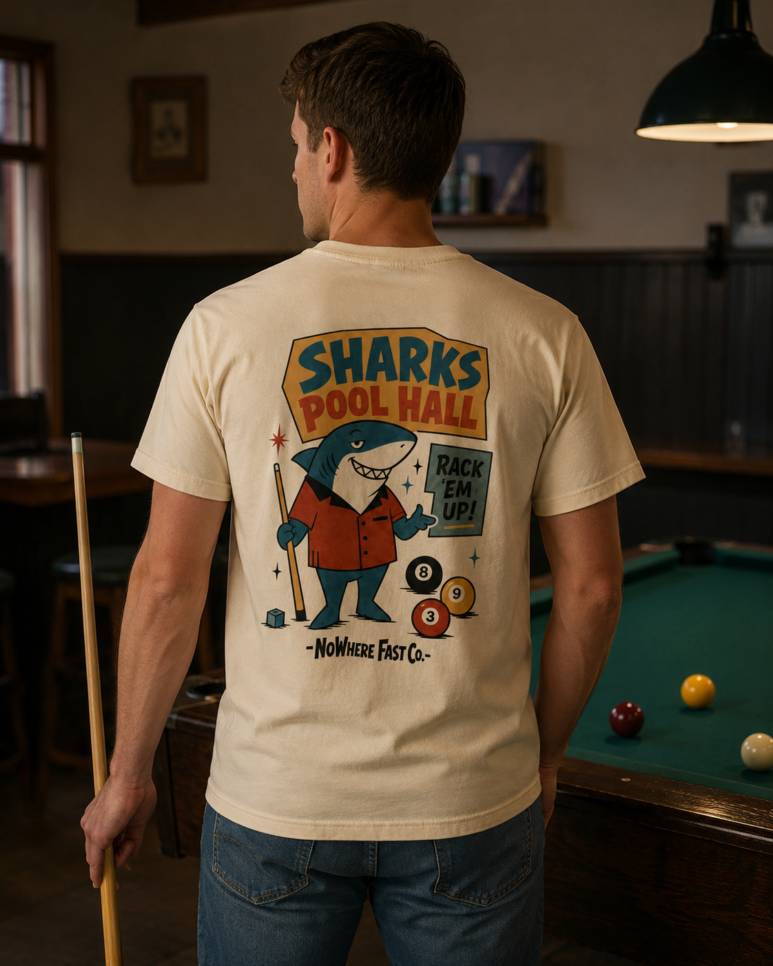 Rack ’Em Up! Retro Shark Pool Hall T-Shirt
