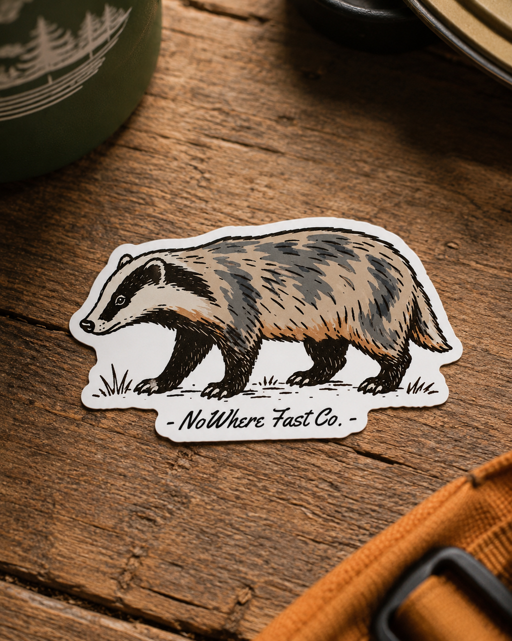 Badger Vinyl Sticker — Hand-Drawn Wildlife Kiss-Cut Decal (NoWhere Fast Co.)